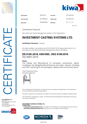 AS9100 Certificate for Investment Casting Systems Ltd