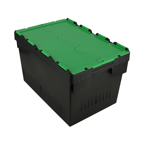ALC70 plastic container box with attached lid in black with green lid