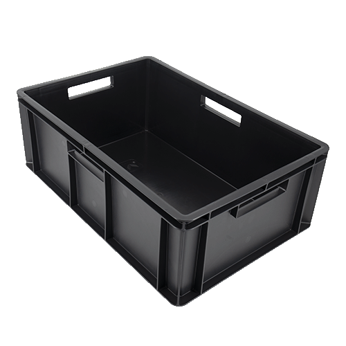 Stacking Euro-Container 44 Litre capacity, black plastic - Ref: SC64220_R with open handles