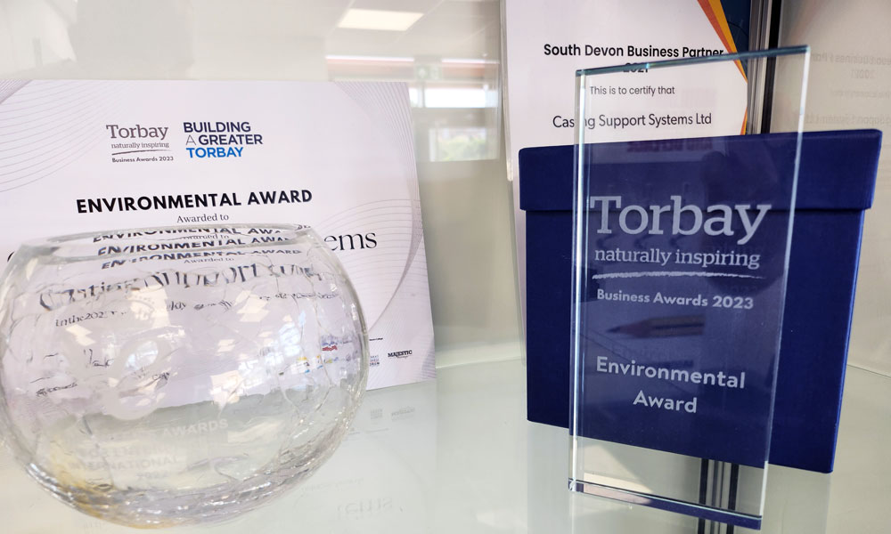 Torbay Business Awards 2023 - Award plaque for Environmental Business, awared to Casting Support Systems